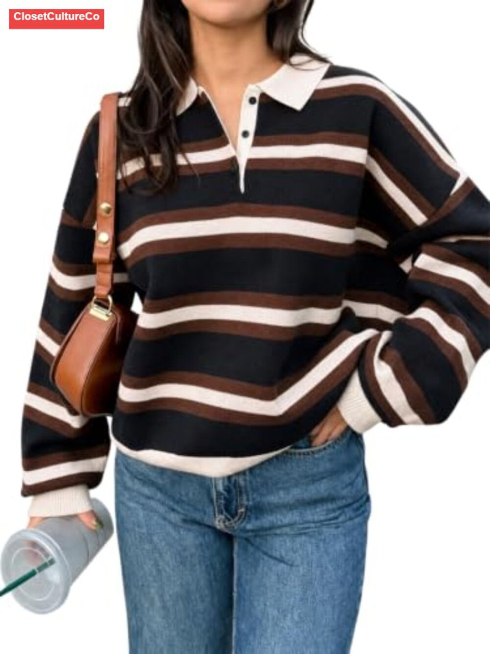 Striped Polo Sweater Long Sleeve Knit Pullover Collared Top